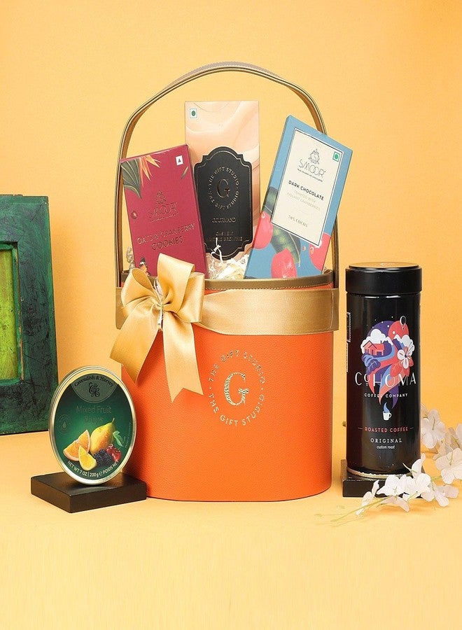 THE GIFT STUDIO.COM Deliciously Yours Basket | Gourmet Gift Hamper with Coffee, Cookies, Chocolates & More | Elegant Round Basket for Festive & Personal Gifting - Image 1