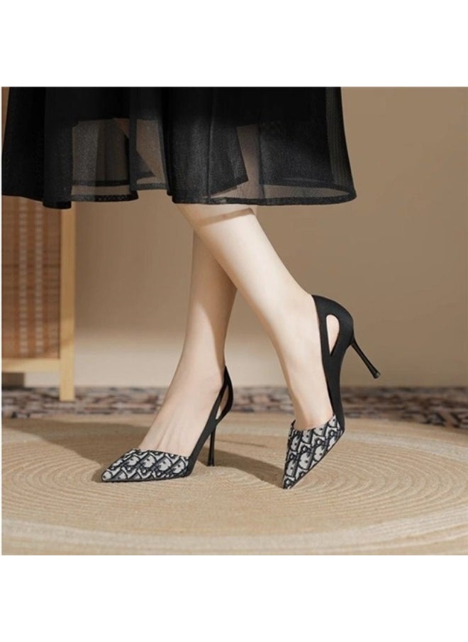 Rup Art Luxury Embroidered Black Ladies Sandals Pointed Canvas Party High Heels Print Leather Shoes Women  - Image 2