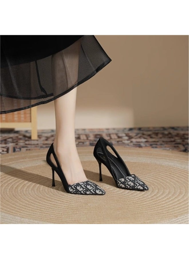 Rup Art Luxury Embroidered Black Ladies Sandals Pointed Canvas Party High Heels Print Leather Shoes Women  - Image 3
