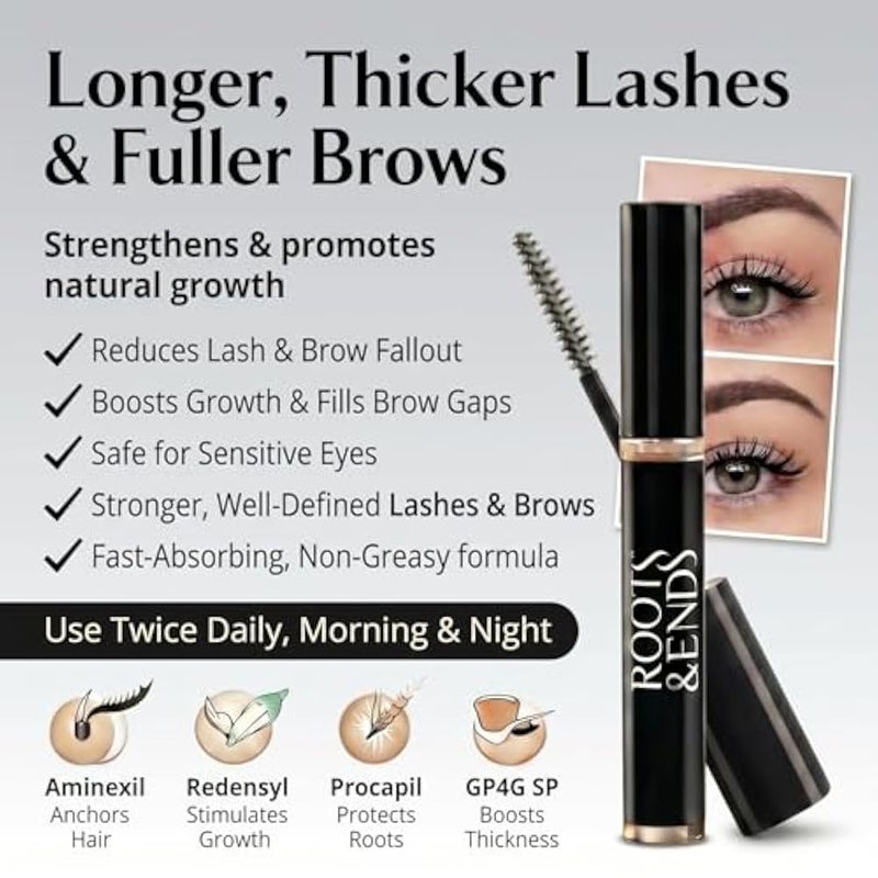 Roots & Ends Eyelash Serum for Longer Thicker Eyelashes & Eyebrows | Lash Growth Serum with Mascara-Like Applicator – 10 ml - Image 3