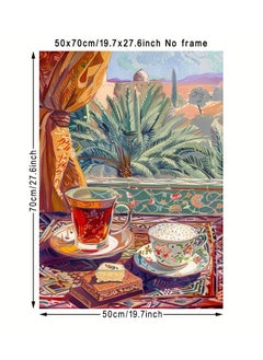 A modern, beautiful and elegant watercolor canvas wall art, a sophisticated picture of a tea cup and a palm tree background, nice oriental Arabic colors and patterns, a bright and relaxing painting from the old oriental Arabic architectural style, without any frame, an elegant decorative element for the home or even in the hotel corridors, bedroom, guest room, meeting room, hair tent, office, popular cafe, old traditional restaurants, hospital corridors, in the kitchen, next to the coffee corner, or an ideal artistic gift for special people. It can be given as a gift to a person in the old mud house council, or to an elderly man or woman, or in Ramadan. You can add a wooden frame to it, or you can even hang the painting with clips without any frame. Its size is 50*70 cm, without a frame.