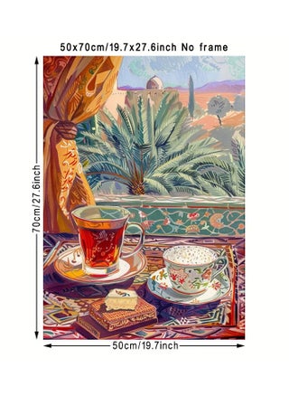 A modern, beautiful and elegant watercolor canvas wall art, a sophisticated picture of a tea cup and a palm tree background, nice oriental Arabic colors and patterns, a bright and relaxing painting from the old oriental Arabic architectural style, without any frame, an elegant decorative element for the home or even in the hotel corridors, bedroom, guest room, meeting room, hair tent, office, popular cafe, old traditional restaurants, hospital corridors, in the kitchen, next to the coffee corner, or an ideal artistic gift for special people. It can be given as a gift to a person in the old mud house council, or to an elderly man or woman, or in Ramadan. You can add a wooden frame to it, or you can even hang the painting with clips without any frame. Its size is 50*70 cm, without a frame. - pzsku/ZBF0D4EFF1E589B0CB936Z/45/1744839798/39e6e6f6-bf78-4b7f-af26-edfad00cc604