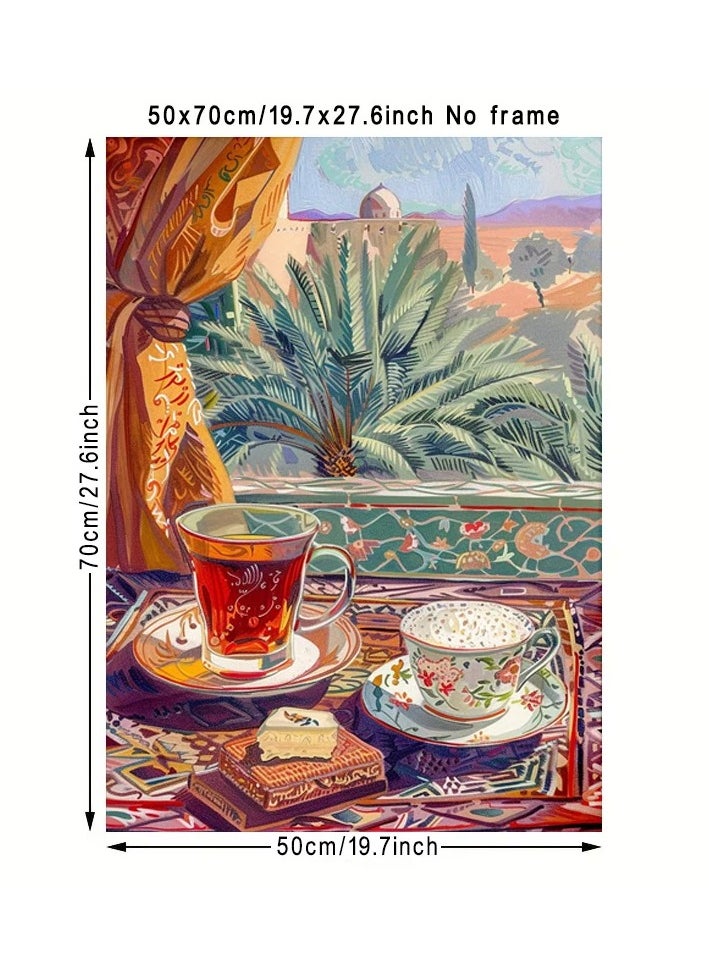 Generic - A modern, beautiful and elegant watercolor canvas wall art, a sophisticated picture of a tea cup and a palm tree background, nice oriental Arabic colors and patterns, a bright and relaxing painting from the old oriental Arabic architectural style, without any frame, an elegant decorative element for the home or even in the hotel corridors, bedroom, guest room, meeting room, hair tent, office, popular cafe, old traditional restaurants, hospital corridors, in the kitchen, next to the coffee corner, or an ideal artistic gift for special people. It can be given as a gift to a person in the old mud house council, or to an elderly man or woman, or in Ramadan. You can add a wooden frame to it, or you can even hang the painting with clips without any frame. Its size is 50*70 cm, without a frame. - Image 1