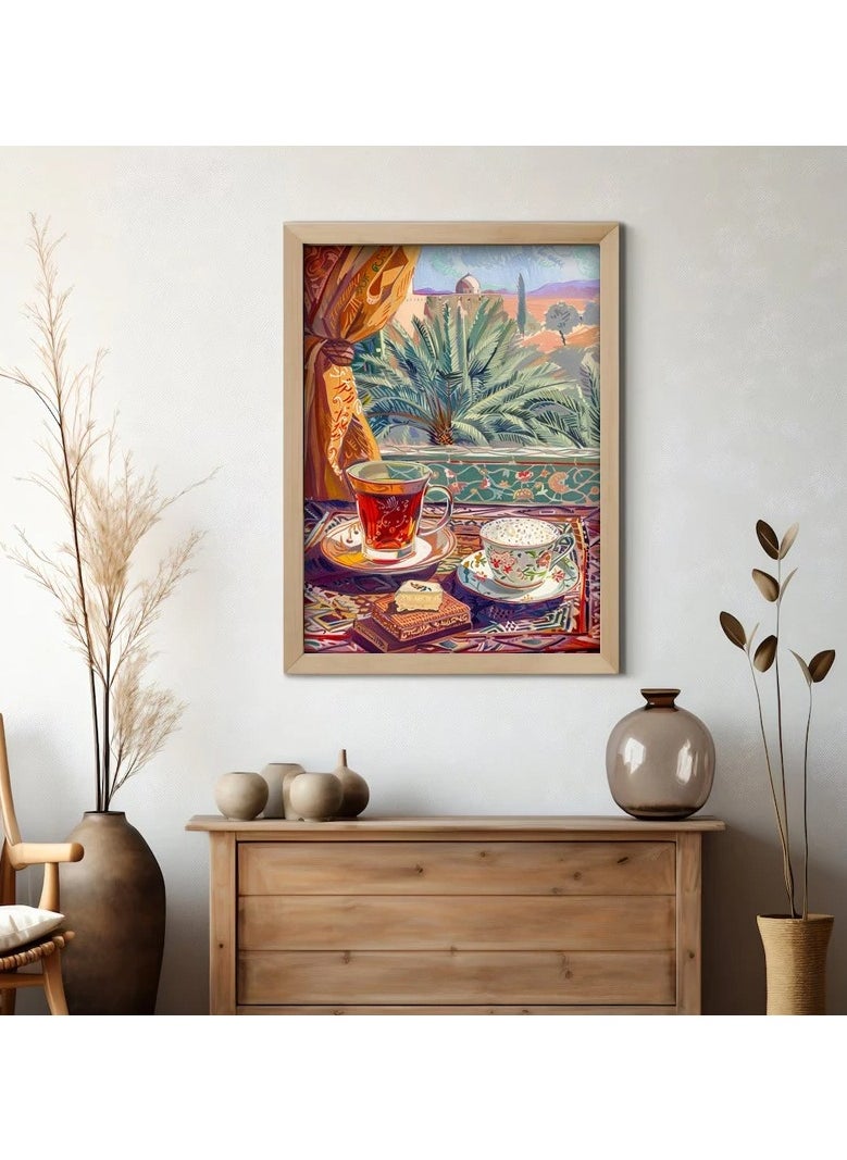 Generic - A modern, beautiful and elegant watercolor canvas wall art, a sophisticated picture of a tea cup and a palm tree background, nice oriental Arabic colors and patterns, a bright and relaxing painting from the old oriental Arabic architectural style, without any frame, an elegant decorative element for the home or even in the hotel corridors, bedroom, guest room, meeting room, hair tent, office, popular cafe, old traditional restaurants, hospital corridors, in the kitchen, next to the coffee corner, or an ideal artistic gift for special people. It can be given as a gift to a person in the old mud house council, or to an elderly man or woman, or in Ramadan. You can add a wooden frame to it, or you can even hang the painting with clips without any frame. Its size is 50*70 cm, without a frame. - Image 1