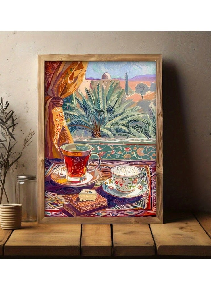 Generic - A modern, beautiful and elegant watercolor canvas wall art, a sophisticated picture of a tea cup and a palm tree background, nice oriental Arabic colors and patterns, a bright and relaxing painting from the old oriental Arabic architectural style, without any frame, an elegant decorative element for the home or even in the hotel corridors, bedroom, guest room, meeting room, hair tent, office, popular cafe, old traditional restaurants, hospital corridors, in the kitchen, next to the coffee corner, or an ideal artistic gift for special people. It can be given as a gift to a person in the old mud house council, or to an elderly man or woman, or in Ramadan. You can add a wooden frame to it, or you can even hang the painting with clips without any frame. Its size is 50*70 cm, without a frame. - Image 1