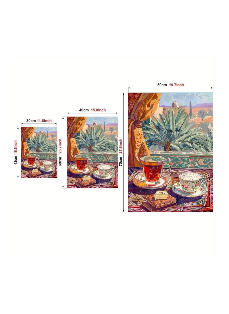 Generic - A modern, beautiful and elegant watercolor canvas wall art, a sophisticated picture of a tea cup and a palm tree background, nice oriental Arabic colors and patterns, a bright and relaxing painting from the old oriental Arabic architectural style, without any frame, an elegant decorative element for the home or even in the hotel corridors, bedroom, guest room, meeting room, hair tent, office, popular cafe, old traditional restaurants, hospital corridors, in the kitchen, next to the coffee corner, or an ideal artistic gift for special people. It can be given as a gift to a person in the old mud house council, or to an elderly man or woman, or in Ramadan. You can add a wooden frame to it, or you can even hang the painting with clips without any frame. Its size is 50*70 cm, without a frame. - Image 1