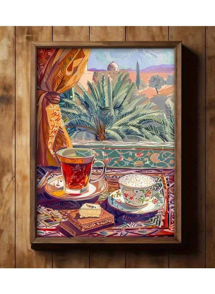 Generic - A modern, beautiful and elegant watercolor canvas wall art, a sophisticated picture of a tea cup and a palm tree background, nice oriental Arabic colors and patterns, a bright and relaxing painting from the old oriental Arabic architectural style, without any frame, an elegant decorative element for the home or even in the hotel corridors, bedroom, guest room, meeting room, hair tent, office, popular cafe, old traditional restaurants, hospital corridors, in the kitchen, next to the coffee corner, or an ideal artistic gift for special people. It can be given as a gift to a person in the old mud house council, or to an elderly man or woman, or in Ramadan. You can add a wooden frame to it, or you can even hang the painting with clips without any frame. Its size is 50*70 cm, without a frame. - Image 1