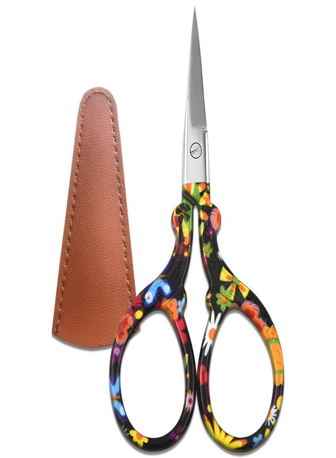 Jaasuee Sharp Embroidery and Crafting Scissors with Leather Cover, 3.62 inch Stainless Steel Stork Shaped Scissors for Needlework and DIY Crafts, Black Flower, J5064 - Image 1