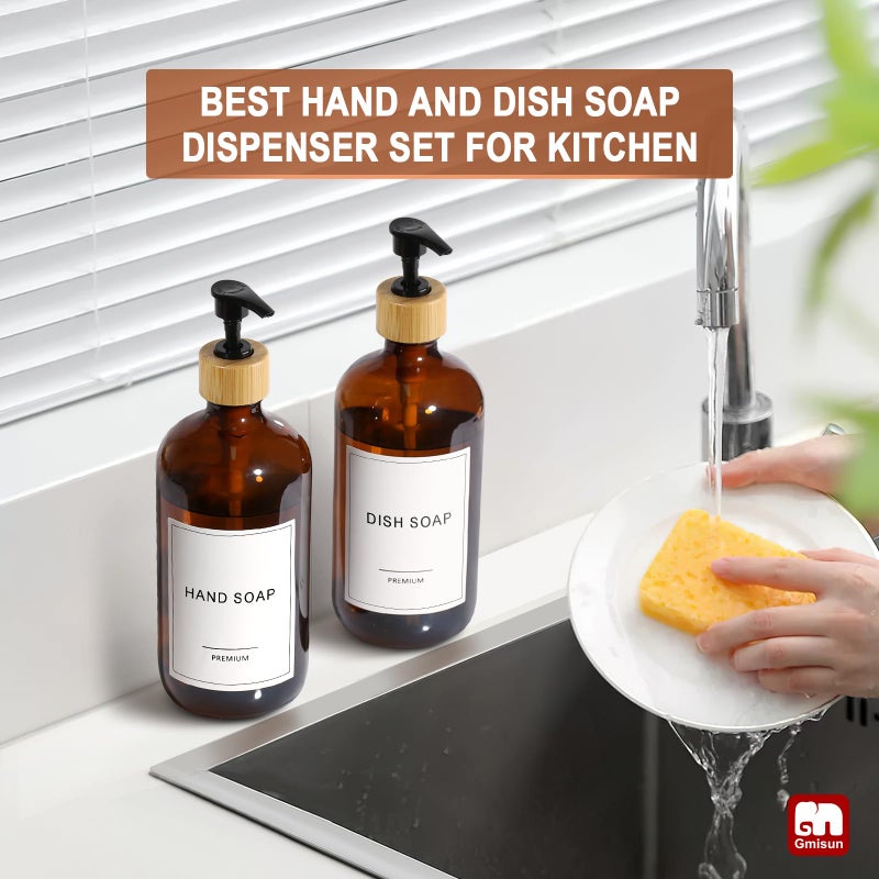 GMISUN Amber Glass Soap Dispenser, 2 Pack Bathroom Hand Soap Dispensers with Bamboo Pump, 17 Fl Oz Kitchen Hand and Dish Soap Dispenser Set, Modern Vintage Liquid Brown Soap Dispensers Bottle - Image 5