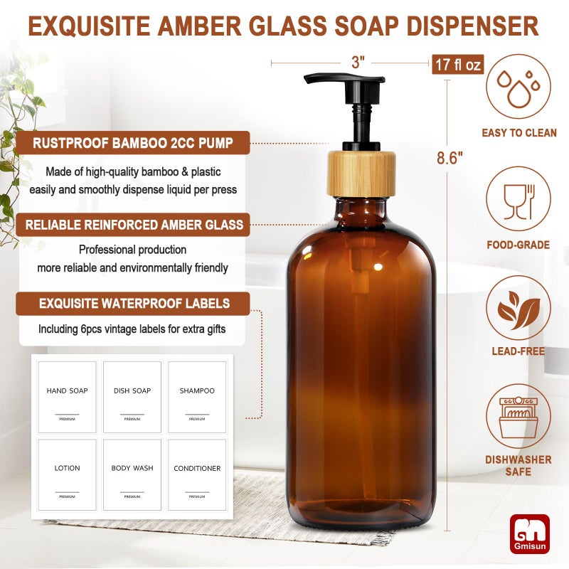 GMISUN Amber Glass Soap Dispenser, 2 Pack Bathroom Hand Soap Dispensers with Bamboo Pump, 17 Fl Oz Kitchen Hand and Dish Soap Dispenser Set, Modern Vintage Liquid Brown Soap Dispensers Bottle - Image 3