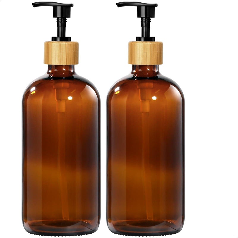GMISUN Amber Glass Soap Dispenser, 2 Pack Bathroom Hand Soap Dispensers with Bamboo Pump, 17 Fl Oz Kitchen Hand and Dish Soap Dispenser Set, Modern Vintage Liquid Brown Soap Dispensers Bottle - Image 1