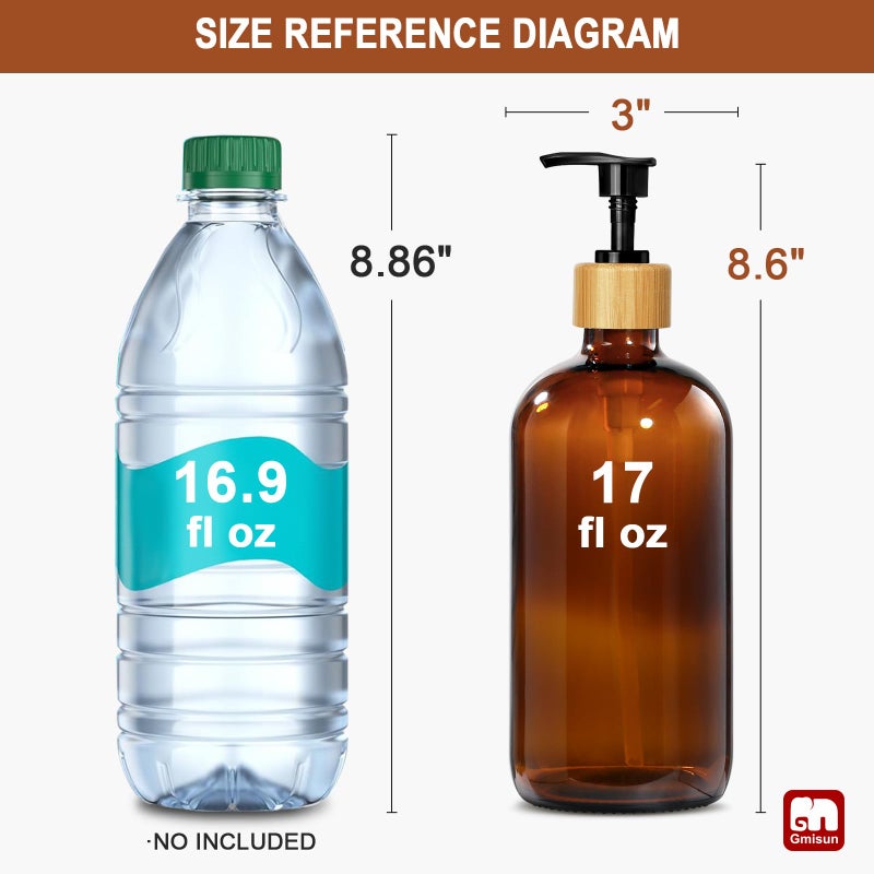 GMISUN Amber Glass Soap Dispenser, 2 Pack Bathroom Hand Soap Dispensers with Bamboo Pump, 17 Fl Oz Kitchen Hand and Dish Soap Dispenser Set, Modern Vintage Liquid Brown Soap Dispensers Bottle - Image 2