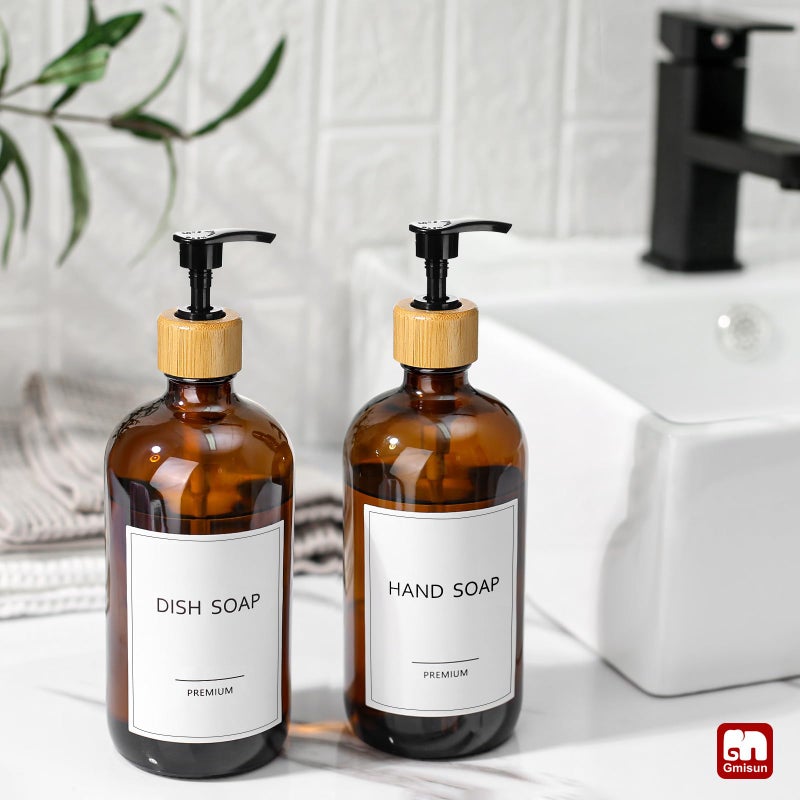 GMISUN Amber Glass Soap Dispenser, 2 Pack Bathroom Hand Soap Dispensers with Bamboo Pump, 17 Fl Oz Kitchen Hand and Dish Soap Dispenser Set, Modern Vintage Liquid Brown Soap Dispensers Bottle - Image 4