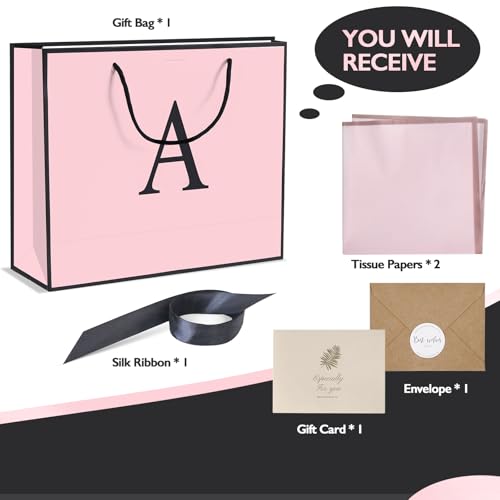 QLSKO Personalized Initial Paper Bag for Women GrilsMonogrammed Gift Bag with Bow RibbonWrapping Tissue and Card Matching Envelope Sticker Pink AMedium - Image 5