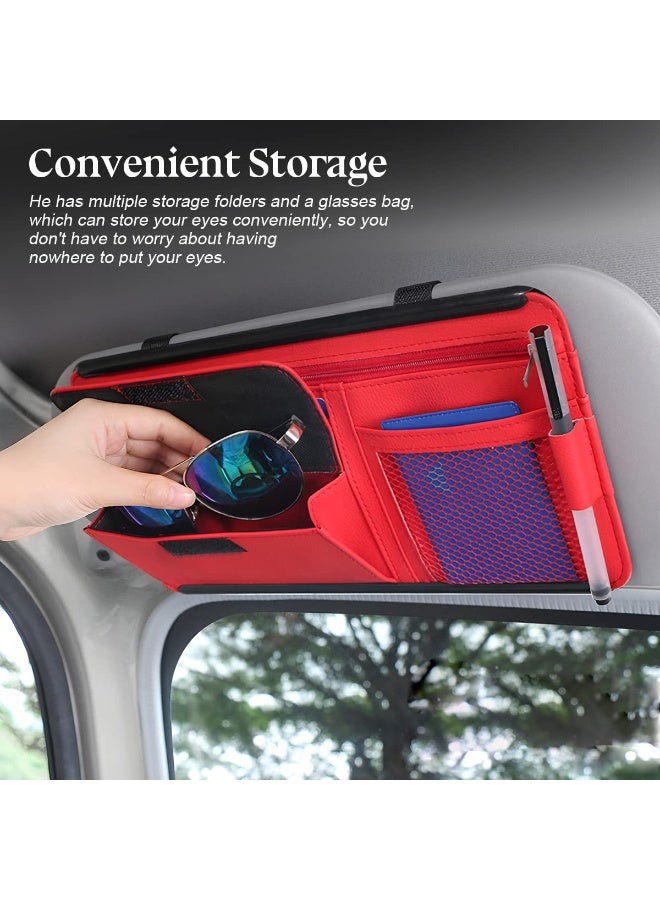 Car Sun Visor Organizer, Multi-Pocket Glasses Holder with Zipper, Universal Vehicle Sunshade Storage Bag, Beige - Image 2