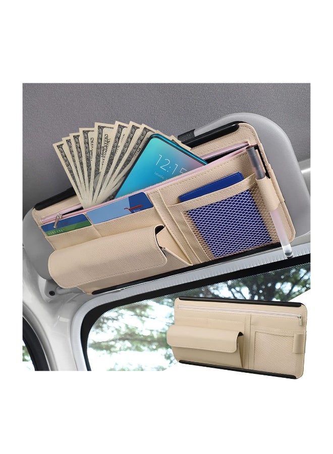 Car Sun Visor Organizer, Multi-Pocket Glasses Holder with Zipper, Universal Vehicle Sunshade Storage Bag, Beige - Image 3