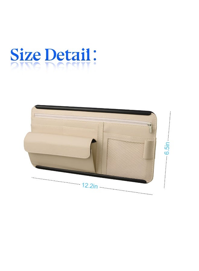 Car Sun Visor Organizer, Multi-Pocket Glasses Holder with Zipper, Universal Vehicle Sunshade Storage Bag, Beige - Image 1