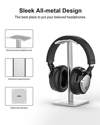 New bee Headphone Stand Headset Holder Earphone Stand with Aluminum Supporting Bar Flexible Headrest ABS Solid Base for All Headphones Size (White) - Image 3