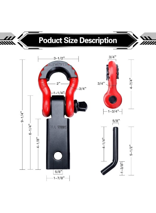 AUTOBOTS Shackle Hitch Receiver 2", 45,000 Lbs Break Strength Heavy Duty Receiver with 5/8" Screw Pin, 3/4" D Ring Shackles, Towing Accessories for Vehicle Recovery Off-Road, Red&Black - Image 3