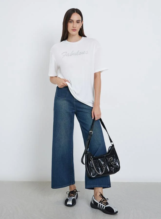 Styli Styli White Slogan Embellished Oversized T-Shirt