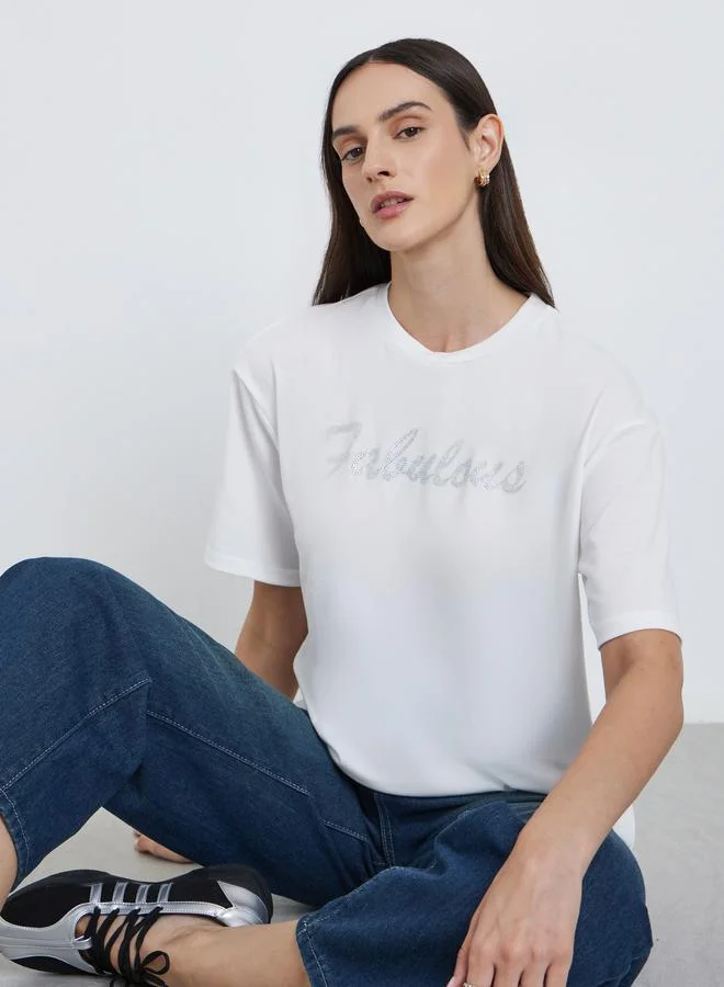 Styli Styli White Slogan Embellished Oversized T-Shirt