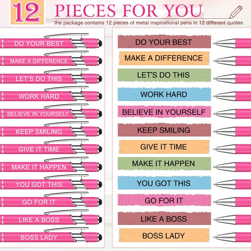 Zonon 12 Pcs Inspirational Pens Bulk Funny Ballpoint Pen with Stylus Tip Motivational Gifts for Christmas Teacher Coworkers Nurse School Office Supplies(Pink Boss Lady) - Image 3