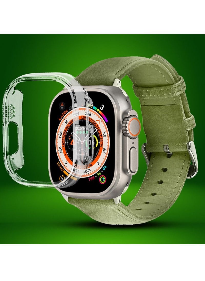 CATANES - 2 Packs For Apple Watch Band 49mm Leather Band Buckle Strap Wristband and Clear Cup Holder Olive Green - Image 1