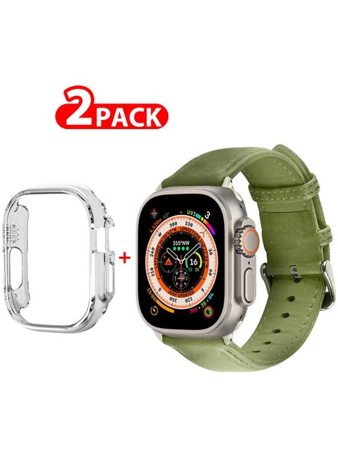 2 Packs For Apple Watch Band 49mm Leather Band Buckle Strap Wristband and Clear Cup Holder Olive Green