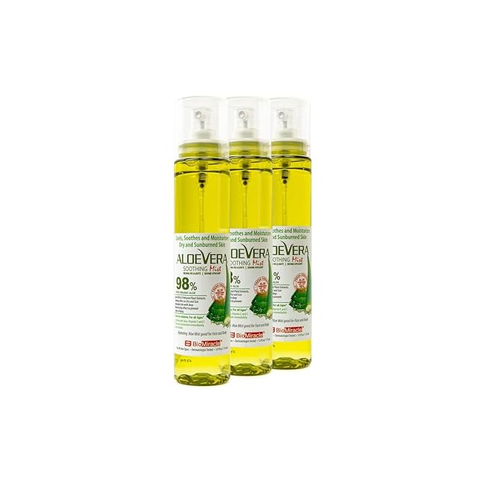 BioMiracle 98% Organic Aloe Vera Mist (3.9 oz) - Cooling Relief for Sunburn, Dry or Irritated Skin, Hydrating Spray with Vitamins C & E, 3-Pack