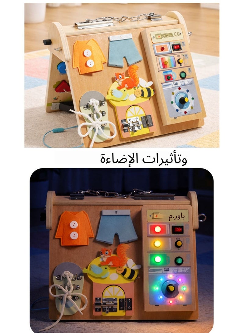 XICEN Montessori Wooden Busy Board with LED Lighting , 4-in-1 Sensory Activity Board Includes Bead Maze, Clock and Circuit, Educational Learning Toy for Fine Motor Skills, Preschool Travel Toy,  Early Development Toy for Boys Girls Toddlers Over 3 Years - Image 4