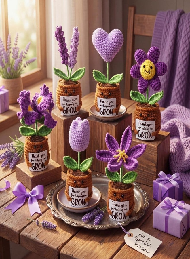 Threehoney 6 Pcs Teacher Appreciation Gifts Thank You for Helping Me Grow Gifts Emotional Handmade Positive Flower Crochet with Card Thank You Crochet for Women Teacher Birthday - Image 3