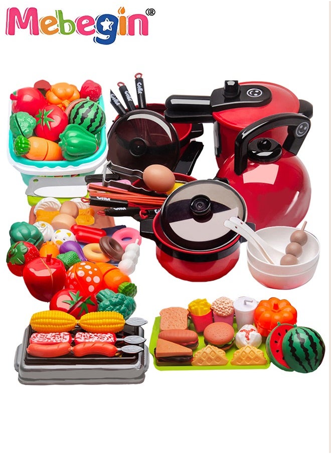 MEBEGIN - Kids Kitchen Pretend Play Toys Set Cutting Cooking Set with Food Fruits Vegetables Cooking Utensils Educational Early Age Basic Skills Development Gift for Toddlers Children (74 pcs) - Image 1