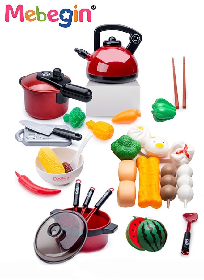 MEBEGIN - Kids Kitchen Pretend Play Toys Set Cutting Cooking Set with Food Fruits Vegetables Cooking Utensils Educational Early Age Basic Skills Development Gift for Toddlers Children (74 pcs) - Image 1