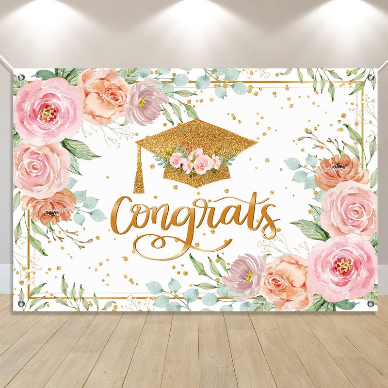 Haimimall Pink Graduation Backdrop Class of 2026 Rose Gold Banner Floral Congrats Grad Decorations Large 59 * 39" Pink Gold Dots Background for Outdoor Indoor Graduation Party Decorations Supplies - Image 1