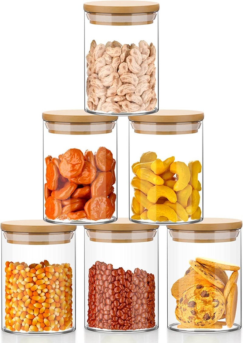 Encheng glass jars with Round wooden lid glass jar 270 ml set food storage containers Borosilicate glass jar for Sugar, Tea, and Other Dry food storage set of 6 (6, Round BAMBOO LID GLASS JAR 270ml -) - Image 1