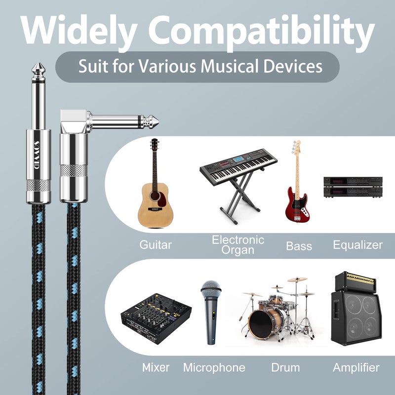 Sovvid Guitar Cable 10FT Professional Instrument Cable Electric Guitar AMP Cord Updated Version 1/4 TS Cable for Guitar Bass Mandolin Keyboard and Pro Audio, Right Angle to Straight (Black Blue) - Image 2