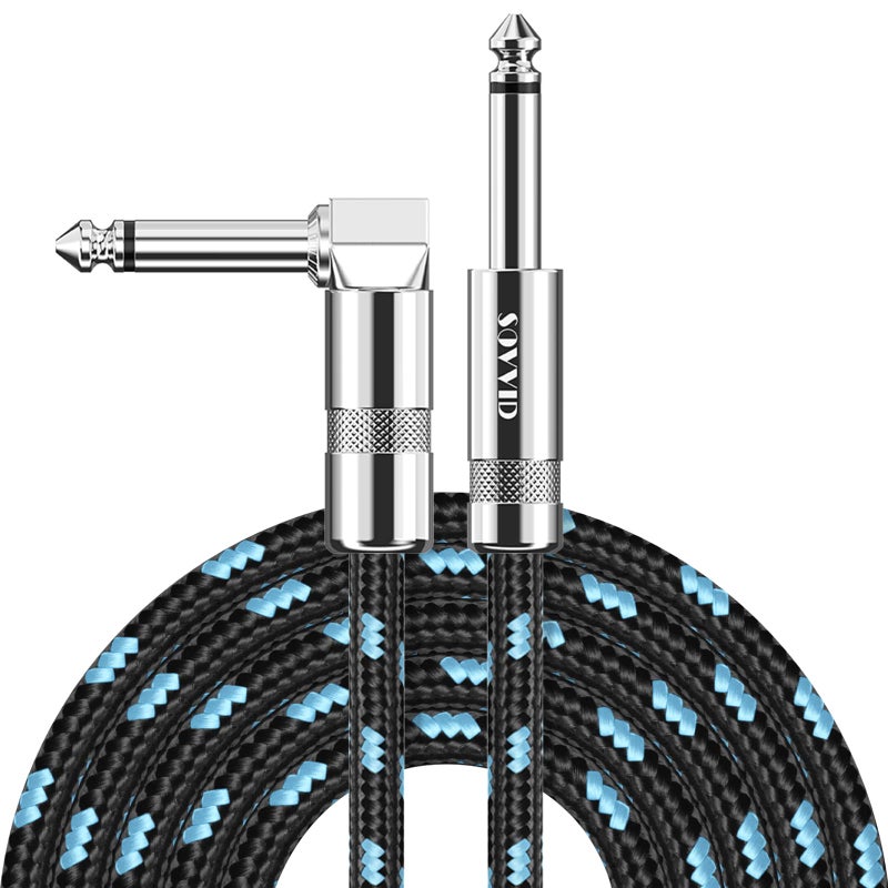 Sovvid Guitar Cable 10FT Professional Instrument Cable Electric Guitar AMP Cord Updated Version 1/4 TS Cable for Guitar Bass Mandolin Keyboard and Pro Audio, Right Angle to Straight (Black Blue) - Image 1