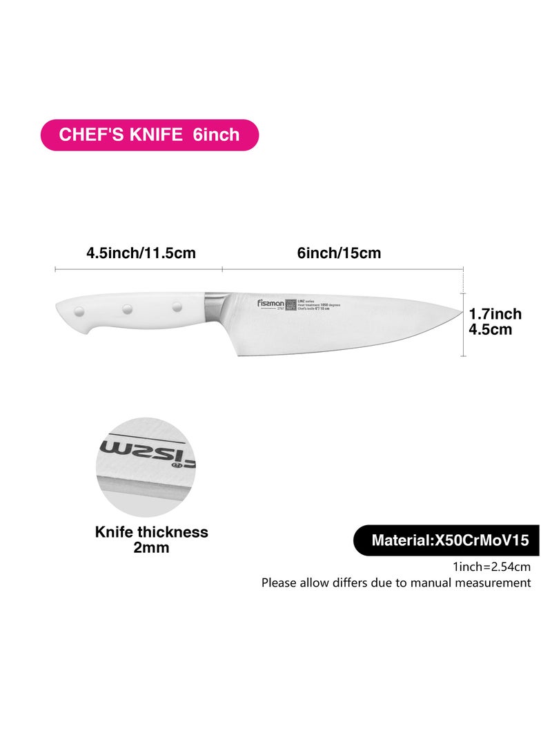 Fissman 6'' Chef's Knife Kitchen Knife Ultra Sharp, German X50Cr15MoV Stainless Steel Knife Linz Series | Professional Well-Balanced Kitchen Knife | White ABS Ergonomic Handle for Kitchen, Restaurant  - Image 4