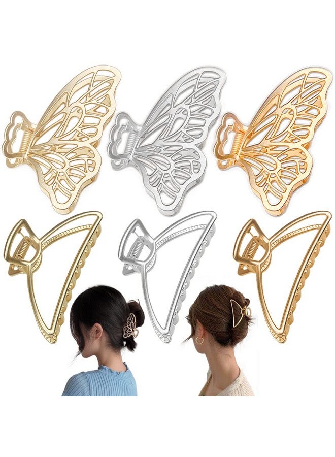 La Jolie Jasmin 6 Packs Large Metal Hair Claw Clips Butterfly Lady Thick Hair Catch Barrette Nonslip Hair Jaw Clamp Clips Styling Fashion Accessories For Women Girls Bright&Matte Gold&Silver - Image 1