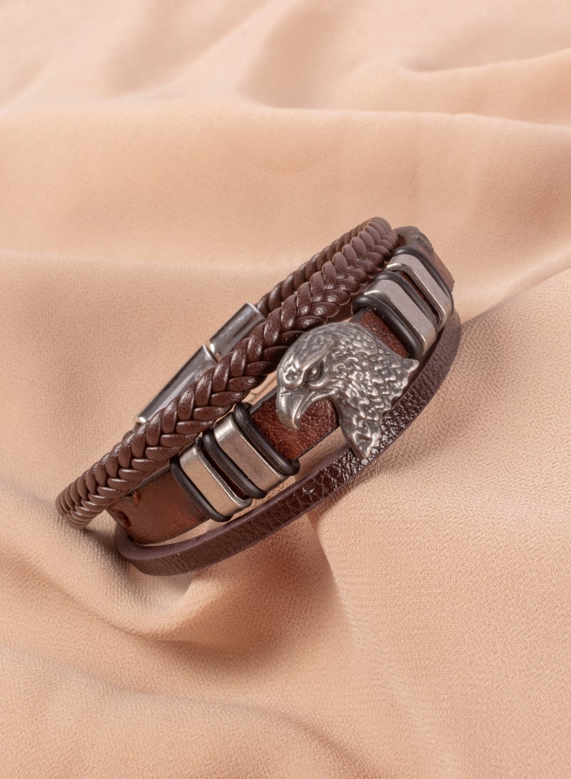 The Black Pearl Accessories Stainless Steel & Leather Multi Layered Brown Silver Bracelet For Him Eagel - Image 1