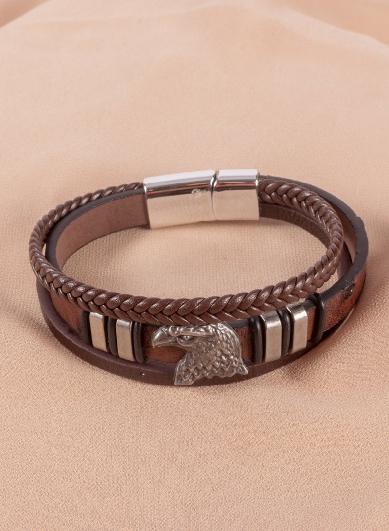 The Black Pearl Accessories Stainless Steel & Leather Multi Layered Brown Silver Bracelet For Him Eagel - Image 2