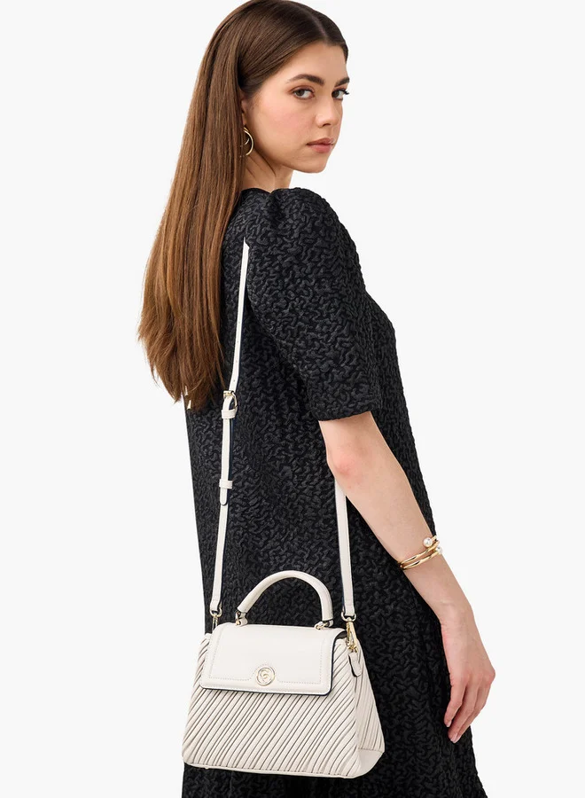 سيليست Pleated Satchel Bag with Grab Handle and Button Closure