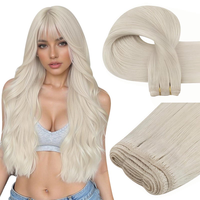 Easyouth 18 Inch Sew in Hair Extensions Blonde Straight Weft Extensions Human Hair White Blonde Remy Hair Extensions Real Human Hair Weft Blend Seamlessly with Own Hair 100G