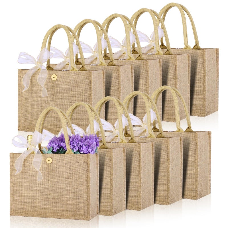 butarfe 10pcs Burlap Tote Bag Set with Handles, Reusable Grocery Bags with Ribbon 13 x 9.5 x 4.7 Inch Waterproof Natural Jute Tote for Women Bridesmaid Gift Beach Shopping Wedding Travel DIY Embroidery - Image 1