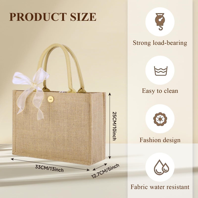 butarfe 10pcs Burlap Tote Bag Set with Handles, Reusable Grocery Bags with Ribbon 13 x 9.5 x 4.7 Inch Waterproof Natural Jute Tote for Women Bridesmaid Gift Beach Shopping Wedding Travel DIY Embroidery - Image 5