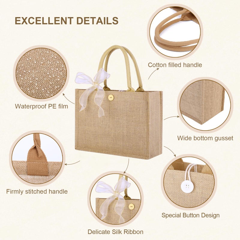 butarfe 10pcs Burlap Tote Bag Set with Handles, Reusable Grocery Bags with Ribbon 13 x 9.5 x 4.7 Inch Waterproof Natural Jute Tote for Women Bridesmaid Gift Beach Shopping Wedding Travel DIY Embroidery - Image 4