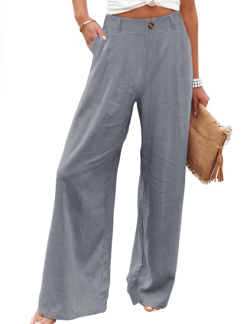 Hooever Womens Cotton Linen Pants Casual Button Up High Waisted Wide Leg Trousers(Darkgrey-Medium) - Image 1