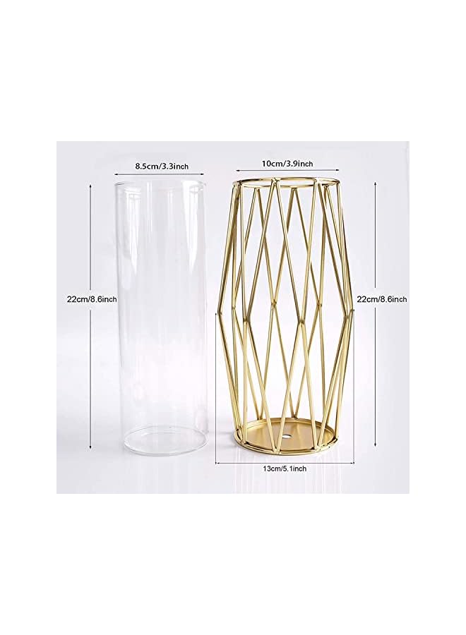 The Bros مزهرية زجاجية مع حامل معدني، مزهرية داخلية شفافة كريستالية، إطار معدني هندسي مطلي بالذهب، ديكور حديث نوردية ذهبية للمكتب المنزلي، حفلات الزفاف، هدايا العطلات، ارتفاع 22 سم - Image 4