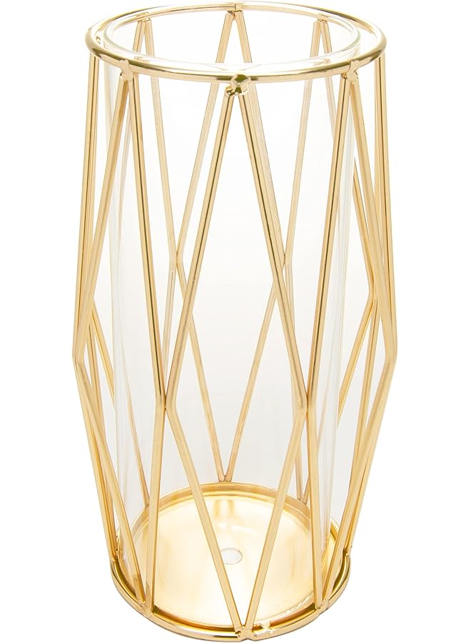 The Bros مزهرية زجاجية مع حامل معدني، مزهرية داخلية شفافة كريستالية، إطار معدني هندسي مطلي بالذهب، ديكور حديث نوردية ذهبية للمكتب المنزلي، حفلات الزفاف، هدايا العطلات، ارتفاع 22 سم - Image 1