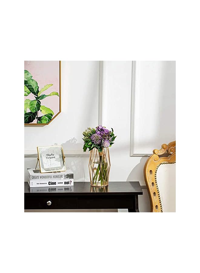 The Bros مزهرية زجاجية مع حامل معدني، مزهرية داخلية شفافة كريستالية، إطار معدني هندسي مطلي بالذهب، ديكور حديث نوردية ذهبية للمكتب المنزلي، حفلات الزفاف، هدايا العطلات، ارتفاع 22 سم - Image 3